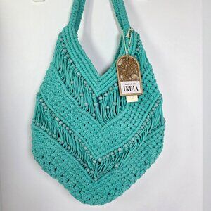 Handcrafted Aqua Blue Woven Shoulder Bag With Beaded Tassels